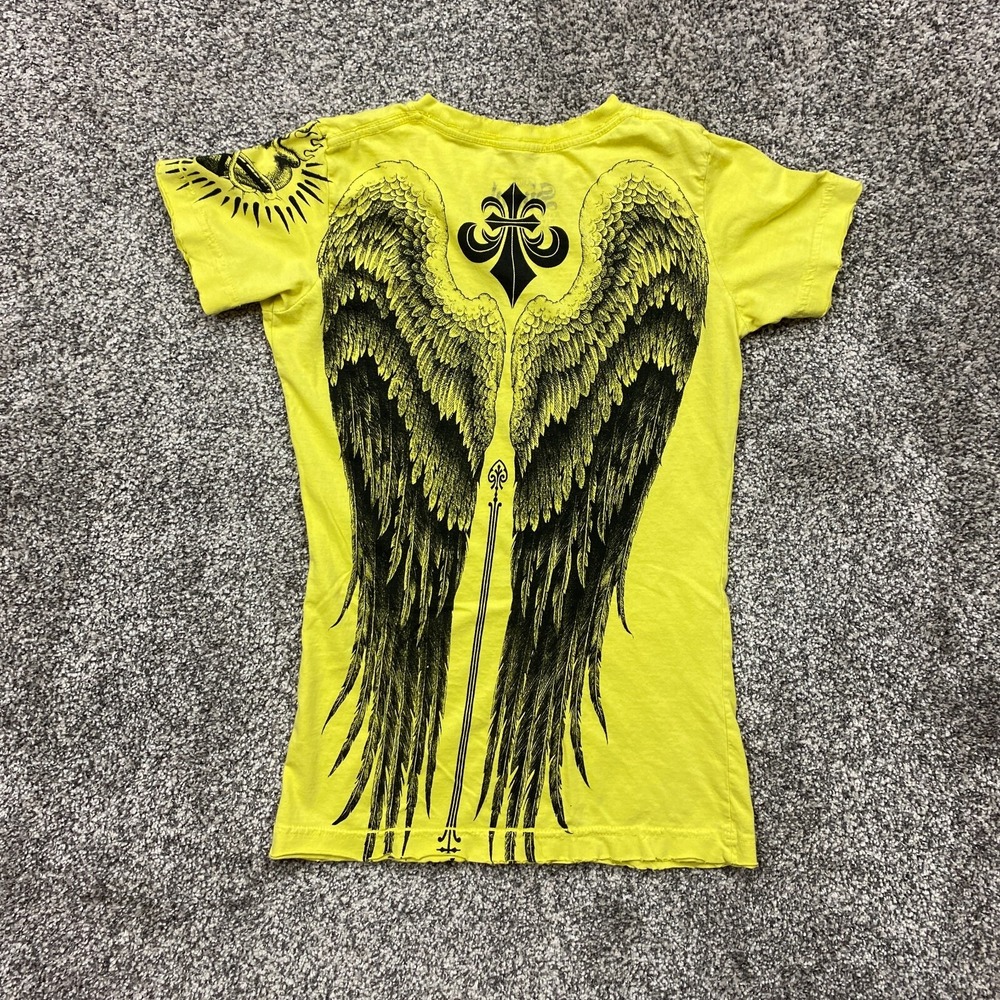 Affliction Yellow Short Sleeve Tee with Black Wing Design